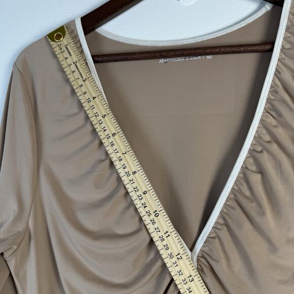 Abercrombie&Fitch Rutched Deep V Neck Long Sleeve Midi Dress XL Camel Tan Y2K - Picture 8 of 10